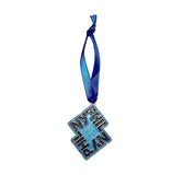 Silver metal with blue background and black NY Phil logo, with a blue ribbon.